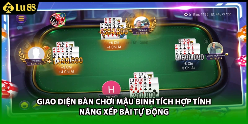 Giao diện bàn chơi mậu binh tích hợp tính năng xếp bài tự động