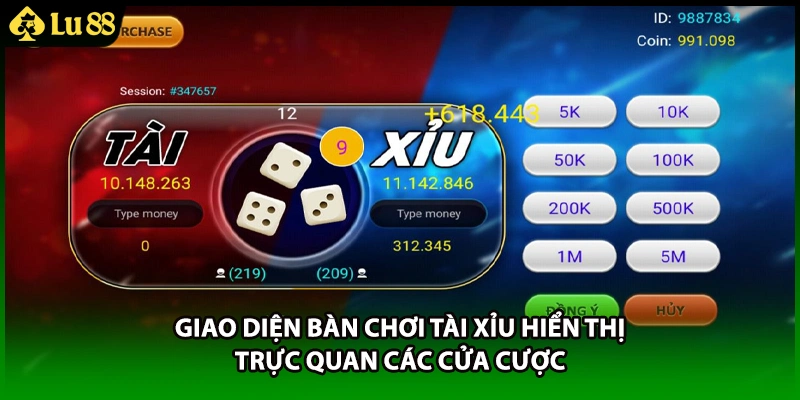 Giao diện bàn chơi tài xỉu hiển thị trực quan các cửa cược