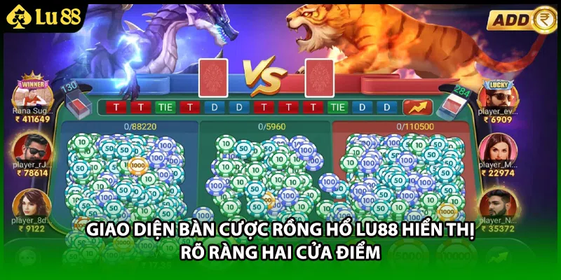 Giao diện bàn cược Rồng Hổ LU88 hiển thị rõ ràng hai cửa điểm